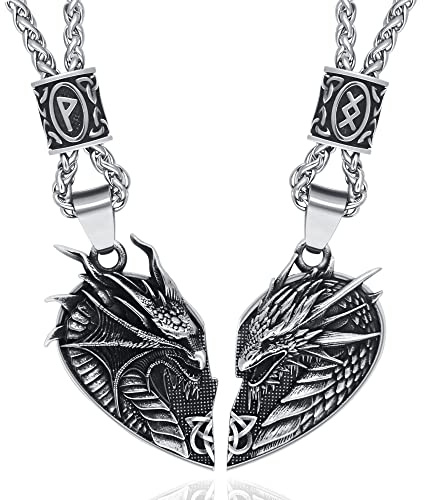ZiWuark Matching Dragon Necklace Couples Viking Heart Necklace Jewelry for Men Women with Rune Beads (Silver)