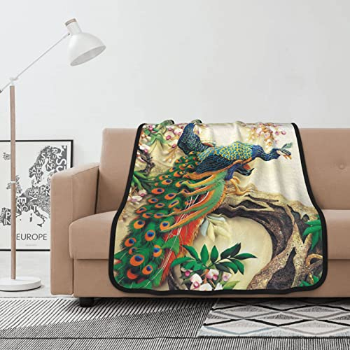 Orientalischer Pfau auf Blumenbaum, doppellagig, doppelseitig, 101,6 x 127 cm, Flanell-Wolldecke ist super weich, bequem und warm
