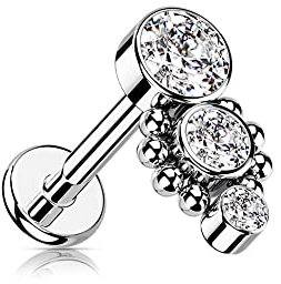 Treuheld® Labret Piercing mit 3 Kristallen und Verzierung | Größe: 1.2mm x 6mm | Farbe: Silber