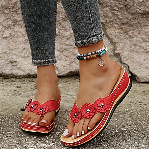 LUWAY Tong Sandale Plates Femme Été Plage Gladiateur Sandales T-Sangle Chaussures Femme Bohème Nu Pieds Bout Ouvert Confortable Tongs Claquette Léger Mode Mules,Rouge,US10/EU42