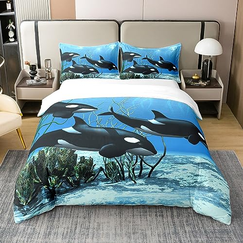 Reine Baumwolle Killer Wal Bettwäsche Sets Orcinus Orcas Komfortbezug Die Unterwasser Welt Quallen Bettbezug Set für Kinder Mädchen Tiefsee Tiere Meeresleben Quilt Cover Kinder Zimmer Dekor 135x200