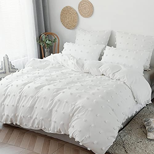 Jemiipee Bettwäsche Pompons Gebürstet, 1 x Bettbezug 135x200 cm mit Reißverschluss 100% Microfaser Weiche Einfarbig Flauschige Bettwäsche-Set mit 1 x Kissenbezug 50x75 cm, White