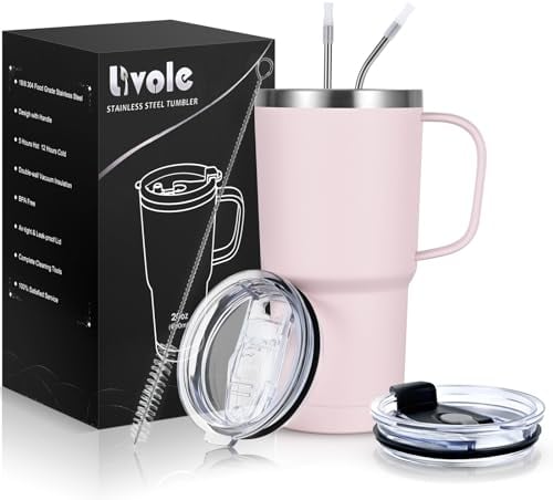 Livole 20oz Travel Mug with Handle, Double Walled Vacuum Water Cup Bottle, 600ml Insulated Tumbler with Straw and 2 Lids, Stainless Steel Thermal Travel Coffee Mugs for Cold Drinks, Light Pink