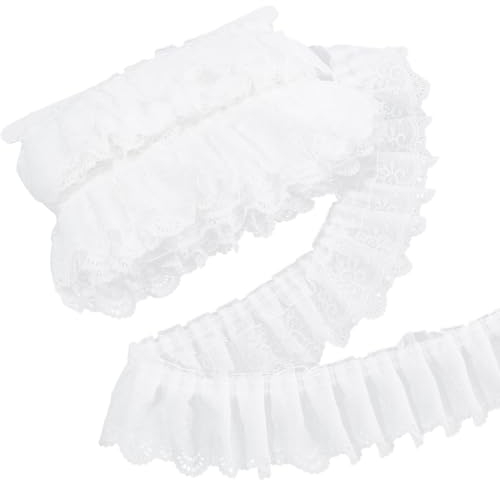 GORGECRAFT 10 Yard 3-Lagiger Plissierter Organza-Spitzenbesatz 65mm Breit Gerafftes Voile-Netz Chiffonband Tüllstoff Rüschenrand Spitzenbesatz Bestickt Zum Nähen Basteln Kleid Party Dekor DIY Weiß