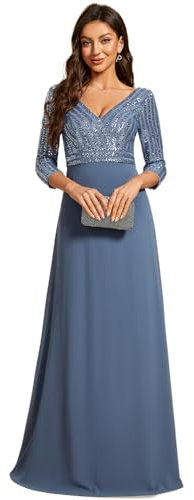 Ever-Pretty Women's V Neck Long Sleeve Elegant A Line Floor Length Long Chiffon Evening Dresses with Sequin Dusty Navy 16UK