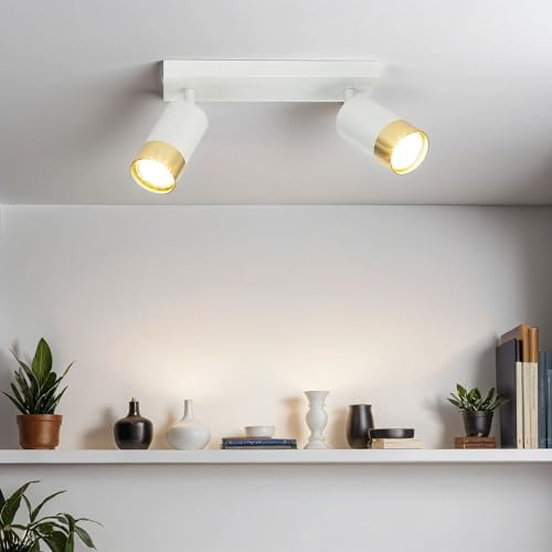 Licht-Erlebnisse Deckenleuchte Weiß, Deckenstrahler 2 flammig, Gold, L:25 cm, GU10 Deckenlampe Küche flexibel, drehbar, schwenkbar, Aluminium, Wohnzimmer, Flur, Lampe Decke