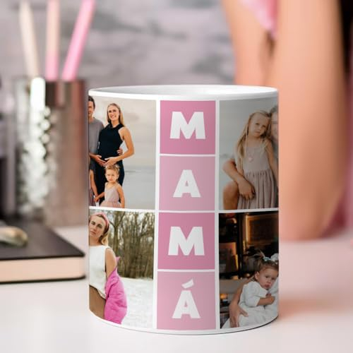 Transparent Gift Taza Personalizada con Cuatro Fotos Mamá Cubos. Tazas Originales para Regalar en Día de la Madre. Regalos Personalizados con Foto. Regalos Originales para Mujer. Regalos para Madres