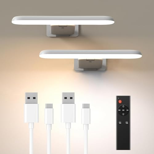 Bilderleuchte Kabellos, 300 lm Wandleuchte Innen mit 3 Lichtfarben, 2 Stück | Dartscheibe Beleuchtung mit Fernbedienung & Timer, 4500mAh, Kleben/Schrauben, für Gemälde, Spiegel & Bilderrahmen-Weiß