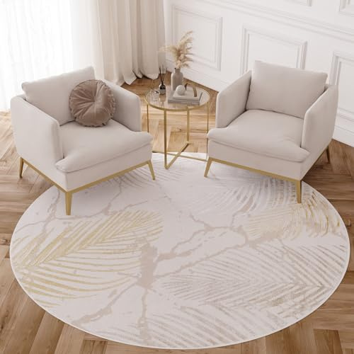 TAPISO Crystal Rund Teppich Kurzflor Glänzend Gold Weiß 160 x 160 cm | Palmenblätter Feder 3D Effekt Wohnzimmer Schlafzimmer Modern Design OEKO-TEX