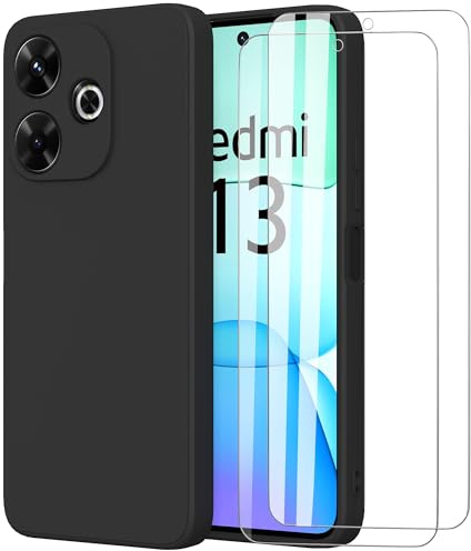 MOONESS Hülle kompatibel mit Xiaomi Redmi 13 4G 6,79 Zoll,Handyhülle für Xiaomi Redmi 13 4G mit 2 Stück Schutzfolie,Liquid Silikon TPU Schutzhülle Dünn Backcover - Schwarz