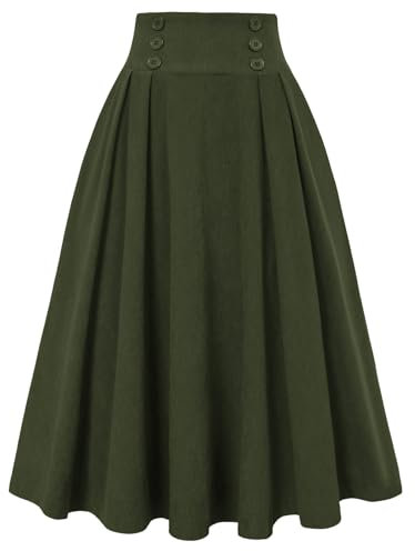 Belle Poque Cordrock für Damen Hohe Taille Midi Rock Vintage A-Linie Faltenröcke mit Taschen Grün XXL