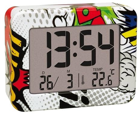 TFA Dostmann Mini réveil Comic Teenager, 60.2044.40, avec thermomètre intérieur, Fonctionne sur Piles, Alarme de réveil et Date, Horloge à Quartz, réveil de Voyage, Petit modèle