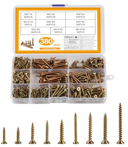 M3 M3,5 M4 Holzschrauben Set, 380 Stück Selbstschneidende Schrauben mit Senkkopfschrauben Set, Spanplattenschrauben Kreuzschlitzschrauben Set, Flachkopfschrauben für DIY Projekt Reparatur