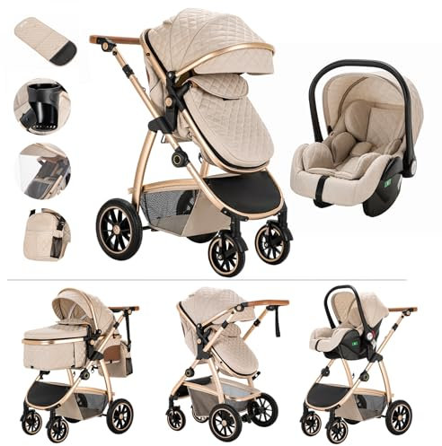 Kakbgee Poussette Combinée 3 en 1, Poussette Citadine avec Siège Auto ECE R129, Poignée Réglable en Hauteur, Nacelle Souple Convertible, Cadre en Aluminium pour Nouveau-né 0-4 ans, Beige