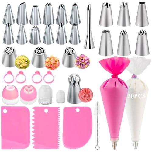 AZOMKER Spritzbeutel Mit Tüllen, Spritzbeutel Einweg, 6 Verschiedene Typen Von Spritztüllen, Spritztüllen Set, Torten Zubehör, Torten Set (66 Stück)