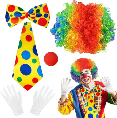 5 Stück Clown Kostüm Set, Clown Kostüm Accessoire, Clown Lockenperücke, Clownsnase, Fliege, Krawatte und Handschuhe, Clown Verkleiden für Kinder Erwachsene, Clown Kostümzubehör für Karneval Halloween