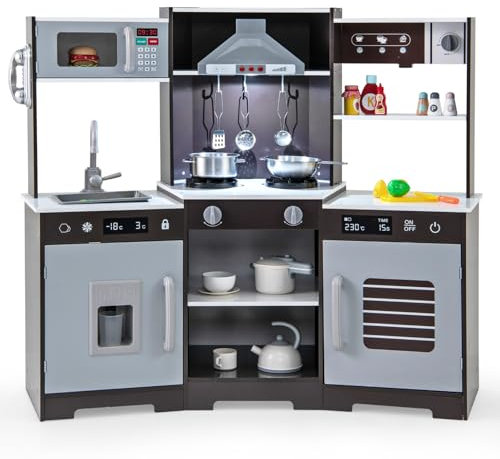 COSTWAY Kids Corner Play Kitchen, Wooden Pretend Toy Kitchen with Realistic Lights & Sounds, Range Hood, Ice Maker, Sink, Faucet, Utensils, Children's Chef Role Play Set for Boys Girls (Coffee)