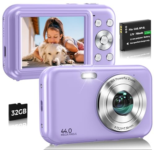 Appareil photo numérique, FHD 1080p 44MP Vlogging avec carte de 32 Go, zoom 16x anti-tremblement, appareil photo numérique compact pour débutants et adolescents (violet)