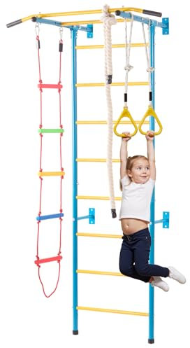 VEVOR 5 en 1 Juego de Escalada para Niños con Escalera Sueca de Acero al Carbono, Escalera de Pared, Barra de Dominadas, Escalera de Cuerda y Anillos de Gimnasia, Carga de 99,8 kg, Multicolor