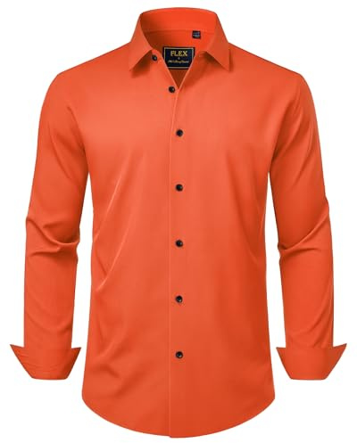J.VER Men's Dress Shirts Stretch Long Sleeve Formal Shirt Solid Business Casual Button Down Shirts for Wedding Prom, Orange, XXL