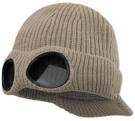 Clakllie Strickmütze mit Visier für Herren Damen Thermo Skull Cap mit Abnehmbarer Brille Warme Goggle Beanie Weiche Skifahren Mütze,DNBC1-Khaki