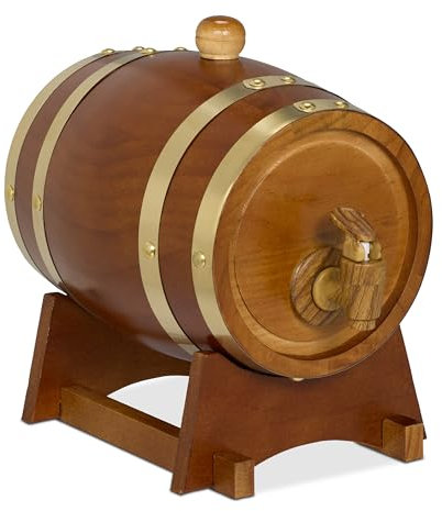 Relaxdays Botte per Liquori, Mini Barile in Legno da 1,2 L, con Rubinetto e Supporto, per Whisky, Vino, Marrone Scuro