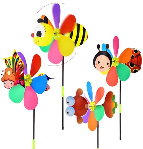 Windrad Kinder, ACTOYS 4 Stück Windrad Garten,Windmühle Tier, Windrad Bunt, 3D Windmühle, Windräder Spielzeug, Kunststoff Windrad, Windrad Windmühle Biene, Marienkäfer, Libelle, Schmetterling (Matt)
