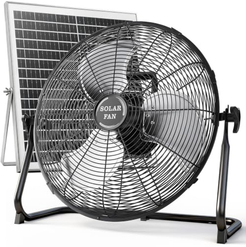 TonyEst Ventilatore a energia solare da 40,6 cm con pannello solare da 30 W, portatile da 20000 mAh, a batteria, per campeggio, casa, patio, cantiere, velocità continua, struttura in metallo e lame in