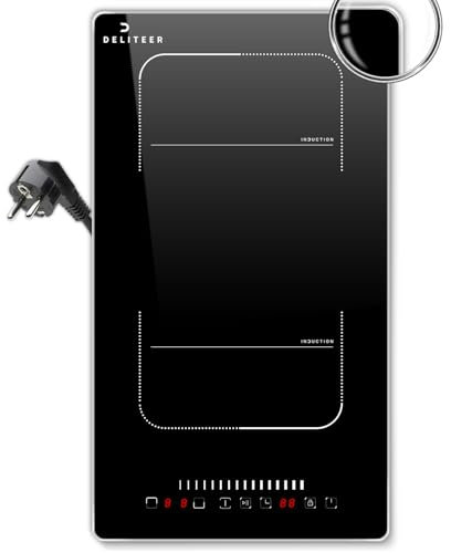 Plaque Induction 2 Feux avec Prise, DELITEER Plaque de Cuisson Induction avec Cadre, Zone Flexible pour Gril, Slider Touch, Verrou de Sécurité, 30CM Encastrable Table de Cuisson, Fiche 230V