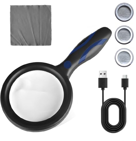 Groß Lupe mit Licht, Leselupe mit Licht für Senioren, 2 Fach 13 Fach Beleuchtete Lupe mit 33 LEDs, USB Wiederaufladbar, HandLupe für Senioren, Kinder, Juwelier, Hobbies (Schwarz-Blau)