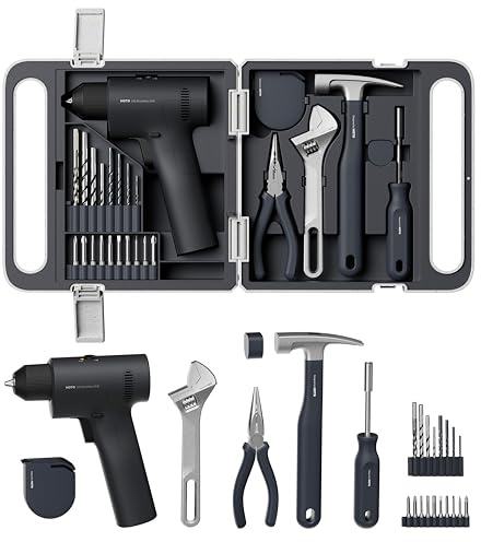 HOTO 25PCS Household Tool Kit with 16V Brushless Drill 50 N·m High Torque | Smart Display, 2 Torque Settings, USB-C Charging, LED Light, Includes Hammer, Wrench, Pliers, 8 x Drill Bits, 10 x Bits