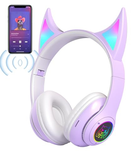 Niesel Auriculares para jugadores sobre la oreja, auriculares para juegos sobre la oreja,Devil Cat Ear Wireless Game auriculares - over-ear ligeros, auriculares para estudiantes con luces