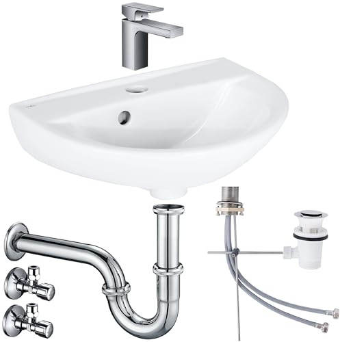 Belvit Waschbecken Komplettset Rosmarin 45 cm, Weiß | Keramikbecken, Hansgrohe Armatur, Ablaufgarnitur, Siphon, Schell Eckventil, Pflegeleichte Sanitärkeramik