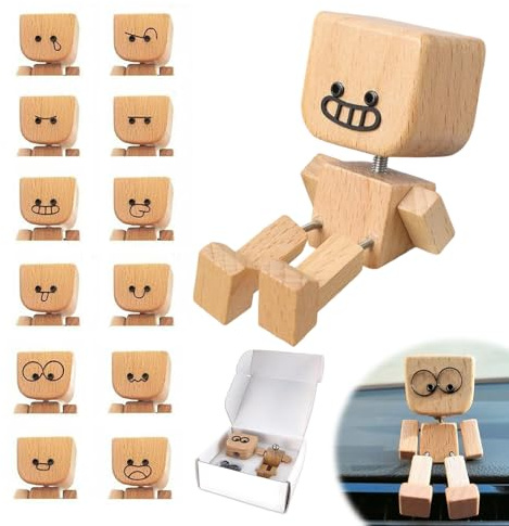 Wackelnder Holzmann, Wackelnder Holzmännchen Figur, Wackelfigur Auto | mit 12 magnetischen Ausdrücken, Handgefertigter Wackelfigur für Armaturenbrett Autozubehör Schreibtisch Dekoration Figurine