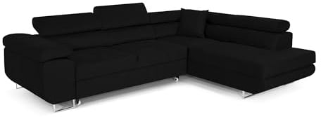 Ecksofa mit Schlaffunktion PASTI L-Form, Sofa Couch mit Bettkasten, 3-Sitzer Eckcouch, Schlafsofa für Wohnzimmer, Big Sofa Couch mit Schlaffunktion (Bouclé Schwarz, Ottomane Rechts)