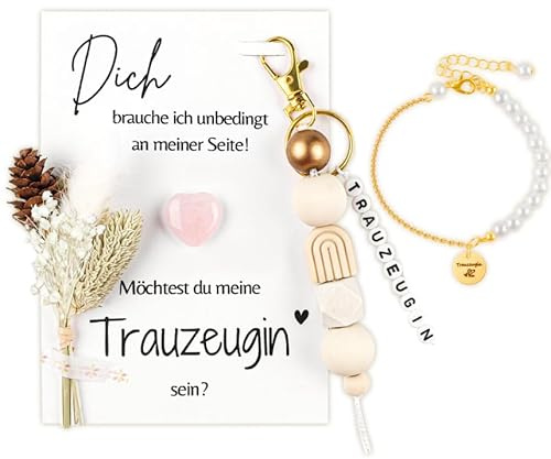ZXShow Trauzeugin Fragen Geschenkset,Willst Du Meine Trauzeugin Sein Karte mit Trockenblumenstrauß, Handgemachter Schlüsselanhänger und Armband, 20 cm Karte, 18 cm Schlüsselanhänger, Perfekte Set