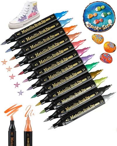 Metallic Stifte 12 Farben Set, Dual Tip Fineliner & Marker Stifte, Glitzer Stifte Wasserfest Acryl Lackstifte Acrylstifte, Goldstift zum Schreiben für Gästebuch Scrapbook, Holz Glas Steine Basteln