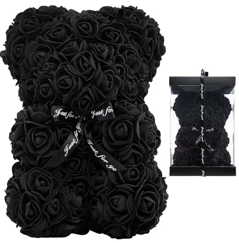 LEUCHTAMOR Rose Bear Black Teddy Bear Valentines Gifts for Her Rose Flower Anniversary with Gift Box Wedding Birthday Mothers Day for Women Mom Wife Girlfriend