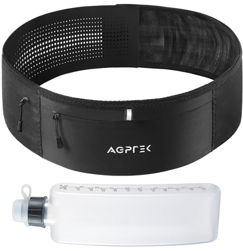 AGPTEK Laufgürtel mit 300ml Trinkflasche 2.0, M | Reißverschlusstasche, Wasserdichte Große Handytasche, Anti-Rutsch , Reflektierend, für Laufen, Fitness Herren Damen