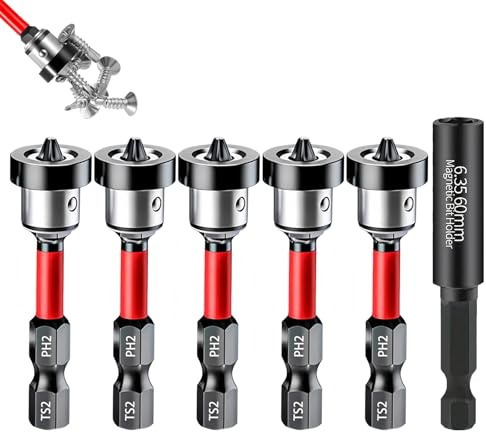 Brocas para paneles de yeso (6 unidades, vástago hexagonal de 1/4 pulgadas, magnéticas con tope de profundidad, puntas de destornillador PH2 con soporte de 60 mm, vástago hexagonal para placas de yeso