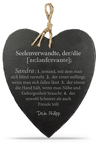 Schieferherz mit Gravur Definition Seelenverwandte - Personalisiert mit [Wunschnamen] - Schiefertafel - 23 cm x 27 cm x 0,6 mm - mit Jute Band zum Aufhängen