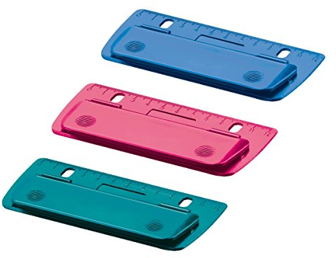 Herlitz 3 Locher / Mini Locher / abheftbar / 3 Farben aus Kunststoff mit Linealfunktion, flaches Design, geringes Gewicht, inklusive Lochung für einfaches Abheften, Farbe: pink, türkis, blau