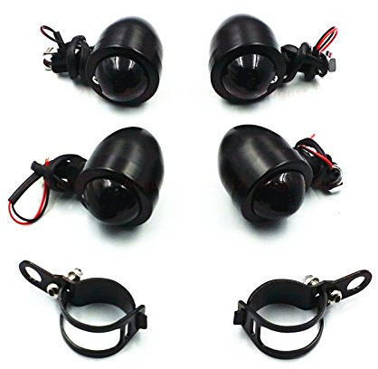 Motorcycle Turn Signals Indicator Light Lamp + Fork Clamps Cruiser Old School Bobber Cafe Racer Vintage Retro Clubman Rat Bike (Black/Smoke)