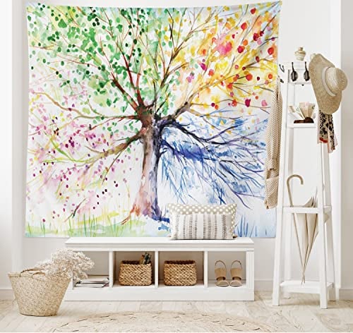 ABAKUHAUS Aquarell Wandteppich, 4 Jahreszeiten Bunte aus Weiches Mikrofaser Stoff Waschbar ohne Verblassen Digitaldruck, 150 x 110 cm, Grün