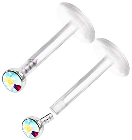 KJM FASHION 2 Stk Durchsichtig Bioflex Push In Lippe 1.2 mm 16gauge 8mm 5/16 2mm Aurora Borealis Tragus Spider Bite Ohrringe Cartilage Piercing Schmuck 0309