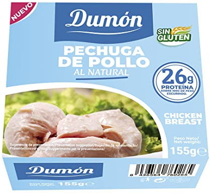 12 Einheiten von 155g. Dumon Hähnchenbrust in Dosen. Hühnchen im eigenen Saft oder Wasser. Konserven mit hohem Proteingehalt, 26 g pro 100 g natürliches Huhn. Leicht zu öffnen.