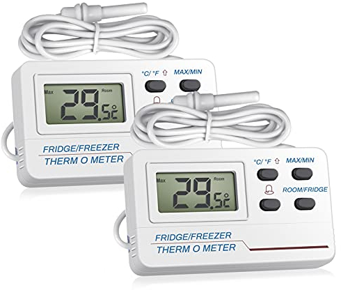 Thermomètre Frigo,Welltop 2 en 1 Congélateur Thermomètre hygrometre interieur avec sonde externe Fonction d'alarme d'affichage LCD facile à lire pour les bars de cuisine à domicile (1)