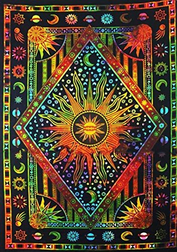 Popular Handicrafts Hippie Mandala Sonne Mond Wandbehang Wandbehang - Indianer Gold brennende Sonne Sterne psychedelische beliebte mystische tie dye Stranddecke 137 x 208 cm