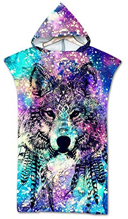 Treer Badeponcho Strand Poncho Strandtücher Handtuch, Schnelltrockend 3D Wolf Tierdruck Bade Bademantel Badetuch Duschtücher mit Kapuze Für Umziehhilfe beim Wassersport (75X110cm,Bunte Nation)
