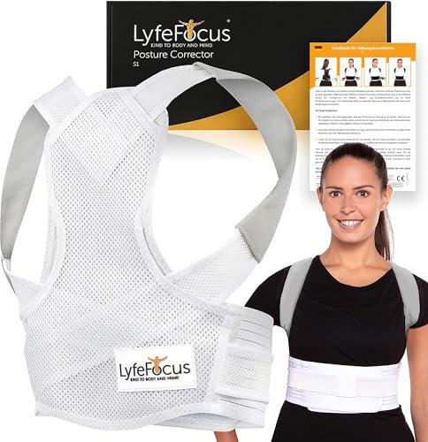 LyfeFocus S1 Atmungsaktiver Premium-Rückenstützer - Obere Rückenstütze, Rückenbandage und Rückenbegradiger - effektive Haltungskorrektur bei Nacken-, Schulter- und Rückenschmerzen (Weiß, Klein)